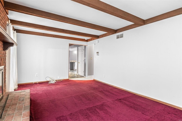 29 Park Charles Blvd N, Saint Peters, MO 63376 - unfurnished living room with beamed ceiling, a fireplace, baseboards, and carpet floors