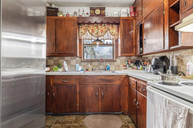 8 Donald St, Park Hills, MO 63601 - kitchen with stainless steel refrigerator, backsplash, light countertops, and white electric range oven