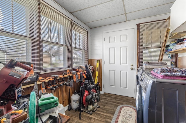 8 Donald St, Park Hills, MO 63601 - clothes washing area with washer and clothes dryer, wood finished floors, and wood walls