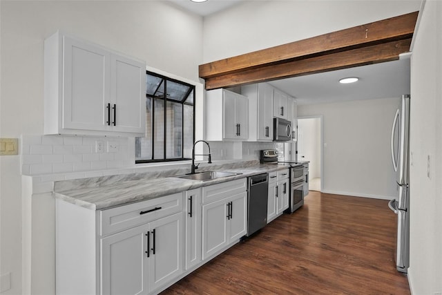 7 Beavertail Ct, Florissant, MO 63033 - kitchen with appliances with stainless steel finishes, a sink, decorative backsplash, white cabinets, and dark wood-type flooring