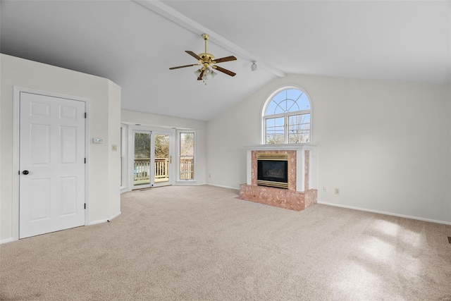 7 Beavertail Ct, Florissant, MO 63033 - unfurnished living room featuring a premium fireplace, carpet, ceiling fan, and baseboards