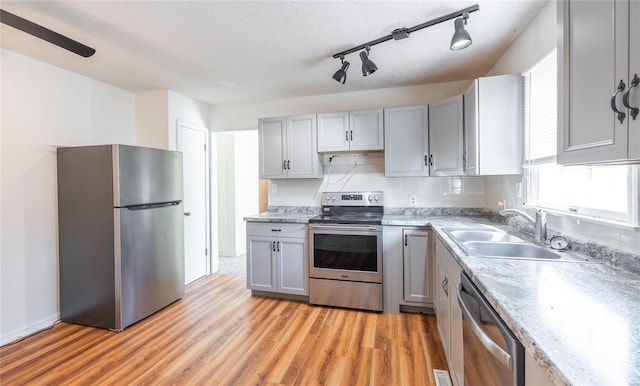 10757 Kilpatrick Cir, Rolla, MO 65401 - kitchen featuring appliances with stainless steel finishes, a sink, gray cabinets, light wood-style flooring, and backsplash