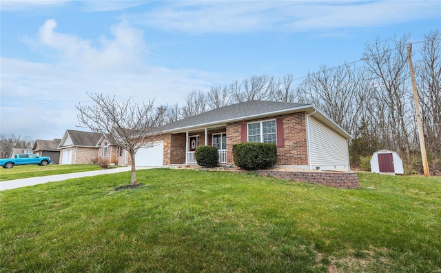 1205 Britt Ln, Rolla, MO 65401 - ranch-style house featuring a garage, brick siding, driveway, a front lawn, and a storage shed