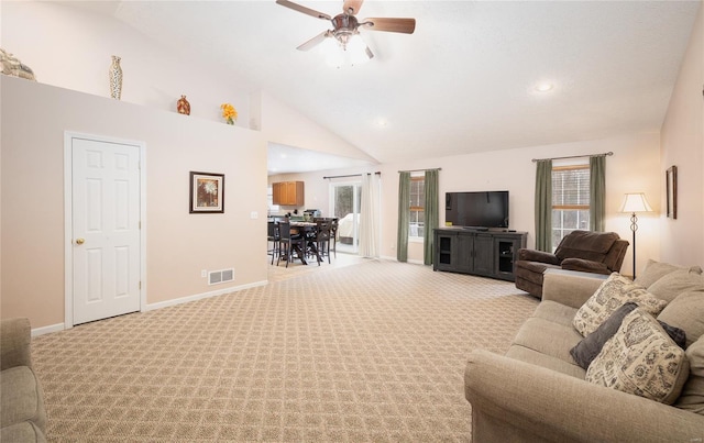 1205 Britt Ln, Rolla, MO 65401 - living area featuring light carpet, healthy amount of natural light, ceiling fan, baseboards, and high vaulted ceiling