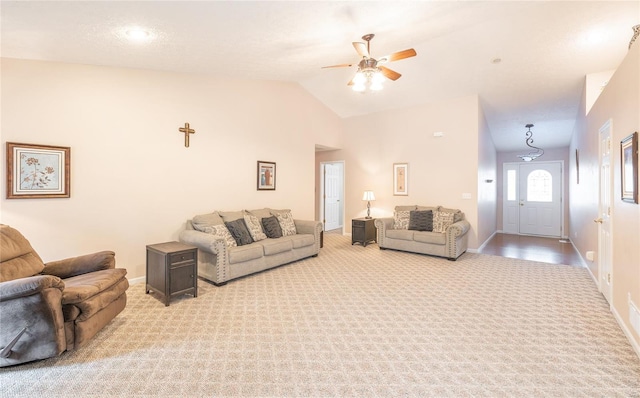 1205 Britt Ln, Rolla, MO 65401 - carpeted living room with a ceiling fan, baseboards, and vaulted ceiling