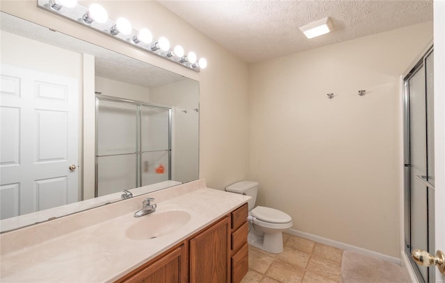 1205 Britt Ln, Rolla, MO 65401 - full bathroom featuring a shower stall, a textured ceiling, vanity, toilet, and baseboards