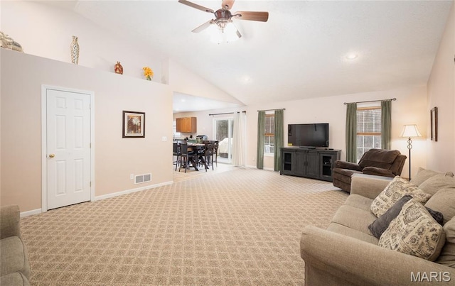 1205 Britt Ln, Rolla, MO 65401 - living room with light colored carpet, ceiling fan, high vaulted ceiling, and recessed lighting