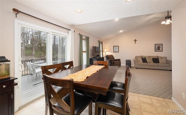 1205 Britt Ln, Rolla, MO 65401 - dining space with lofted ceiling, a ceiling fan, recessed lighting, and light carpet