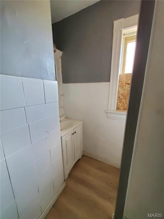 bathroom featuring wood finished floors and vanity