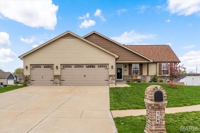 craftsman-style home with concrete driveway, a front lawn, a garage, a porch, and brick siding
