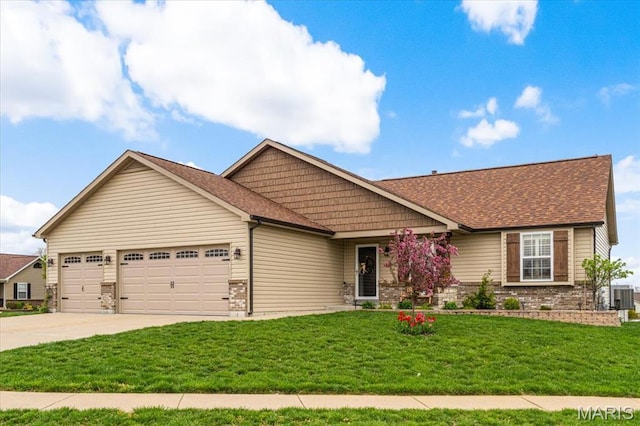 view of front of property featuring a garage, central AC unit, concrete driveway, a front lawn, and roof with shingles