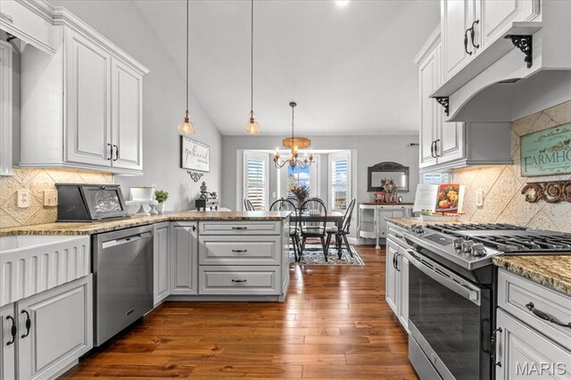 kitchen with appliances with stainless steel finishes, under cabinet range hood, dark wood finished floors, a chandelier, and lofted ceiling