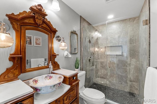 bathroom with vanity, toilet, and a shower stall