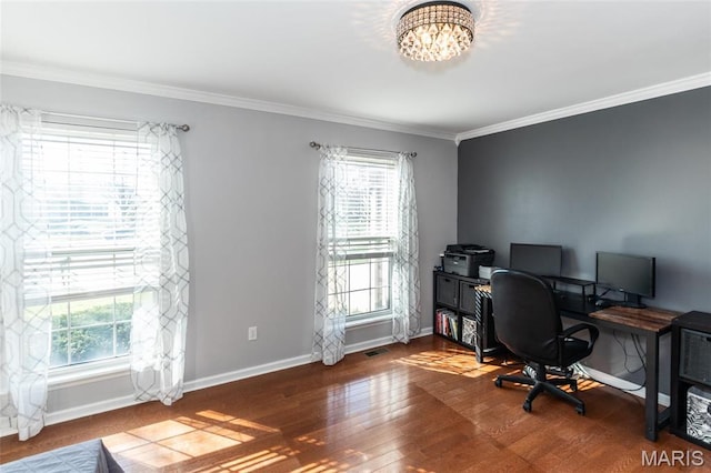 office space with crown molding, dark wood finished floors, baseboards, and a chandelier