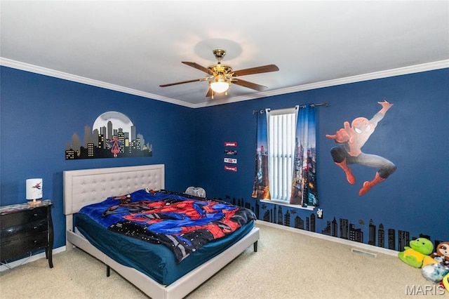 bedroom with carpet flooring, ornamental molding, baseboards, and ceiling fan