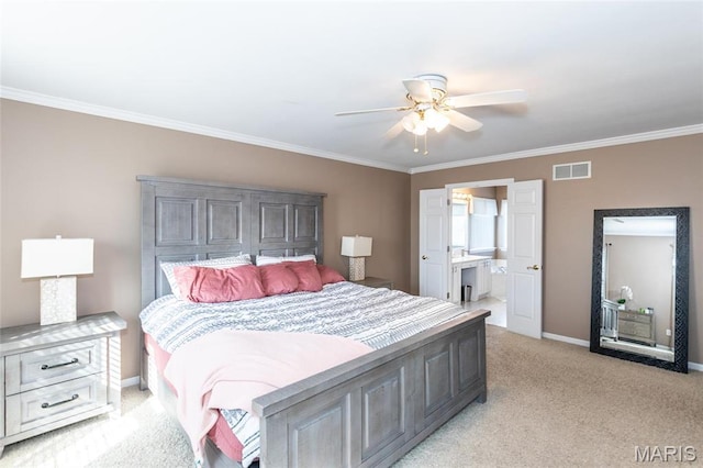 9 Shelby Crest Ct, Ofallon, MO 63366 - bedroom with light carpet, ornamental molding, baseboards, a ceiling fan, and ensuite bath