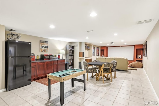 playroom featuring billiards, recessed lighting, baseboards, and light tile patterned floors