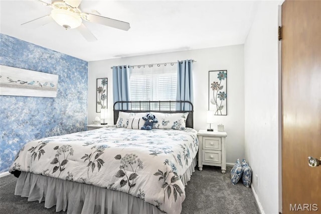 carpeted bedroom with wallpapered walls, baseboards, and ceiling fan