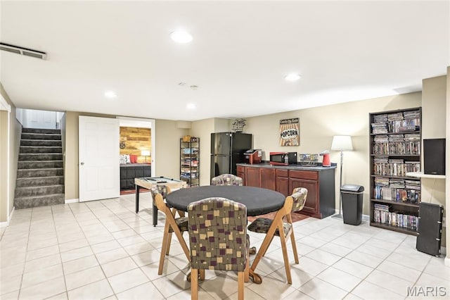 dining area with stairway, light tile patterned flooring, recessed lighting, and baseboards