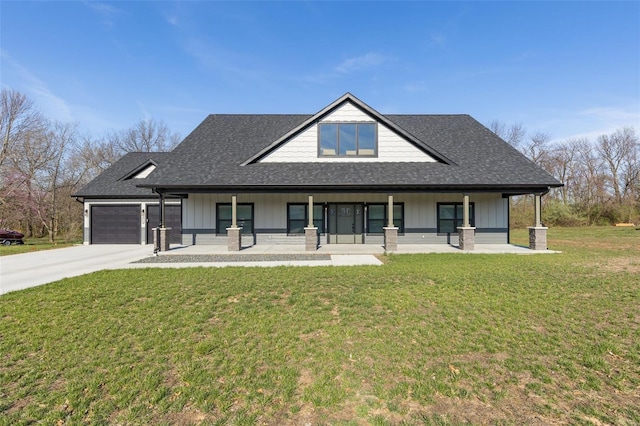 213 Lakeview Dr, Farmington, MO 63640 - view of front of house featuring covered porch, roof with shingles, an attached garage, a front lawn, and concrete driveway