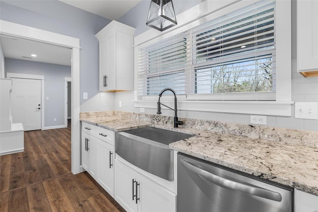 213 Lakeview Dr, Farmington, MO 63640 - kitchen featuring dishwasher, a sink, dark wood finished floors, light stone countertops, and white cabinets