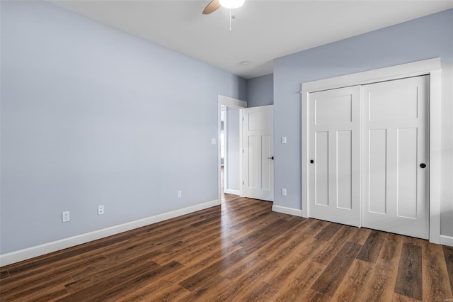 213 Lakeview Dr, Farmington, MO 63640 - unfurnished bedroom featuring wood finished floors, baseboards, a ceiling fan, and a closet