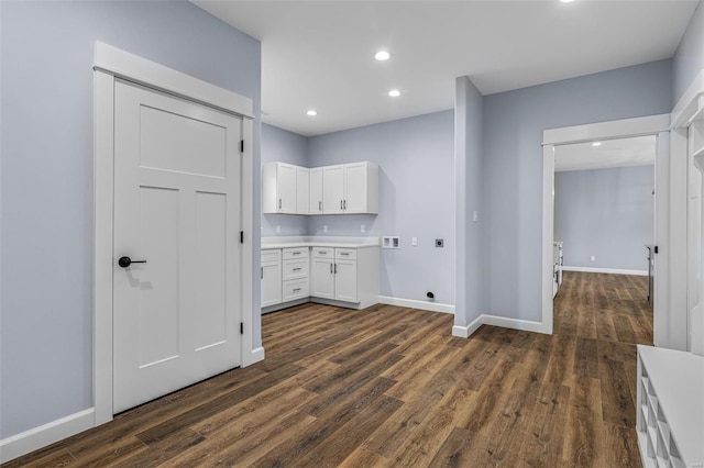 213 Lakeview Dr, Farmington, MO 63640 - laundry room featuring electric dryer hookup, hookup for a washing machine, dark wood-style flooring, baseboards, and recessed lighting