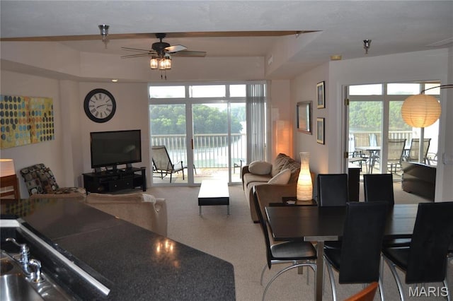 carpeted dining room with ceiling fan and healthy amount of natural light
