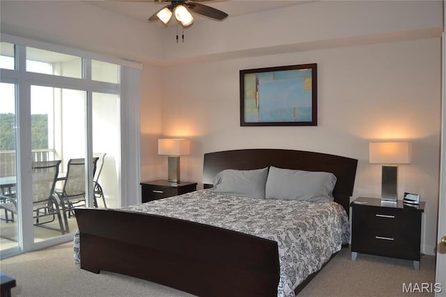 bedroom with light carpet, access to outside, and a ceiling fan