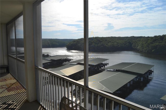 dock featuring a water view and a wooded view