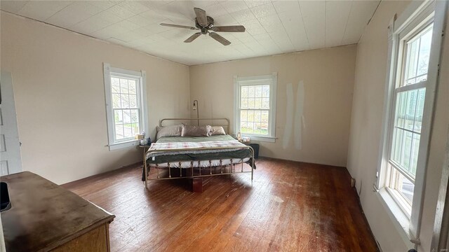 bedroom featuring hardwood / wood-style flooring and a ceiling fan