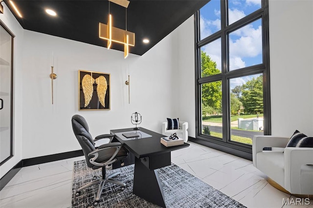 13516 Weston Park Dr, Saint Louis, MO 63131 - office featuring a high ceiling, recessed lighting, and marble finish flooring
