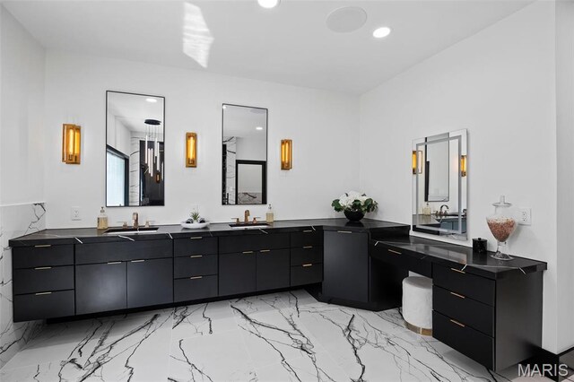 13516 Weston Park Dr, Saint Louis, MO 63131 - full bathroom with marble tiled floors, recessed lighting, and double vanity