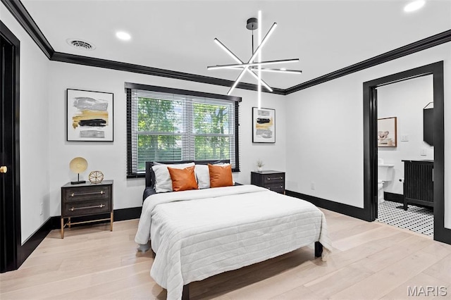 13516 Weston Park Dr, Saint Louis, MO 63131 - bedroom featuring crown molding, light wood-style flooring, a chandelier, recessed lighting, and baseboards