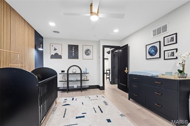 13516 Weston Park Dr, Saint Louis, MO 63131 - bedroom featuring light wood-type flooring, recessed lighting, attic access, ceiling fan, and baseboards