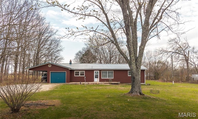 4434 County Road 4110, Salem, MO 65560 - ranch-style home featuring driveway, a front lawn, a chimney, metal roof, and a garage