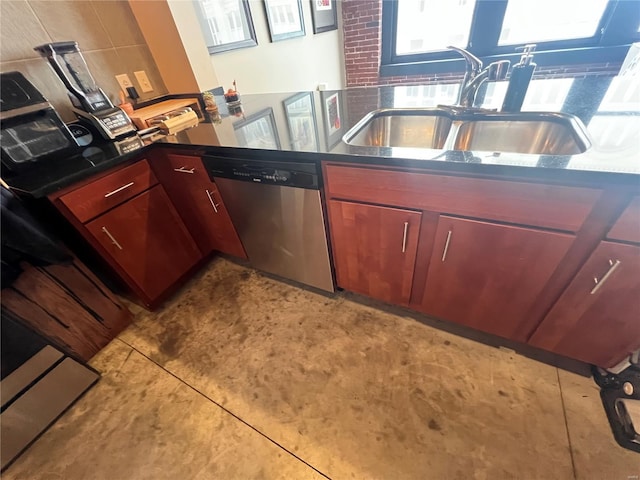 1113 Washington Ave Unit 510, Saint Louis, MO 63101 - kitchen featuring dishwasher, a sink, concrete floors, and dark countertops