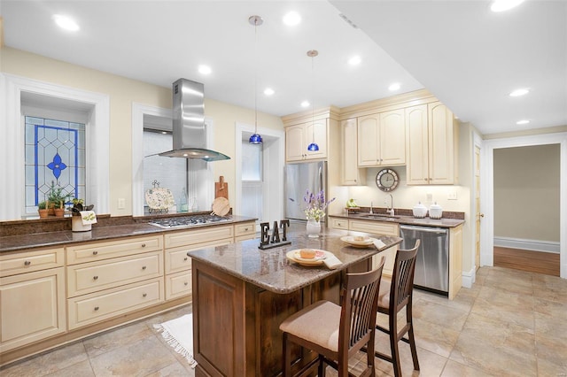 4 N Kingshighway Blvd Unit 4D, Saint Louis, MO 63108 - kitchen with cream cabinetry, appliances with stainless steel finishes, extractor fan, a sink, and dark stone countertops