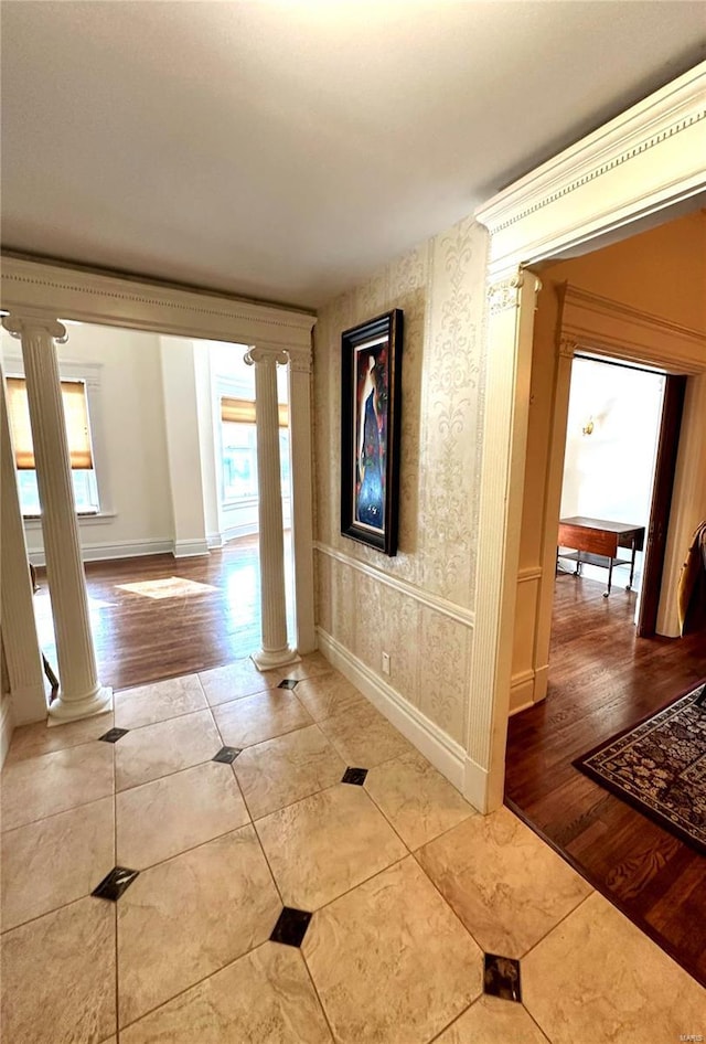 4 N Kingshighway Blvd Unit 4D, Saint Louis, MO 63108 - corridor with ornate columns, baseboards, and light tile patterned floors
