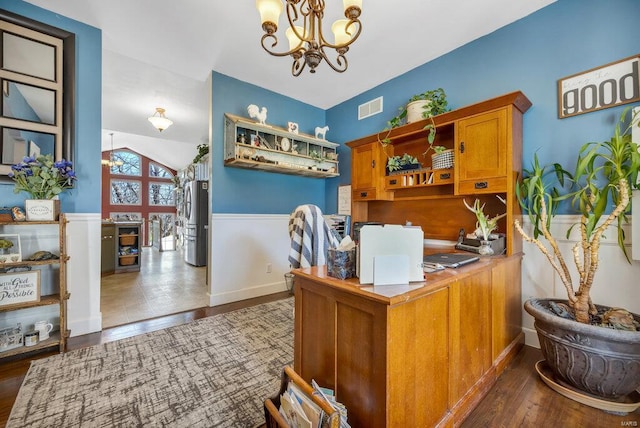 21933 Pike 215, Annada, MO 63330 - office space with a chandelier, dark wood finished floors, and lofted ceiling