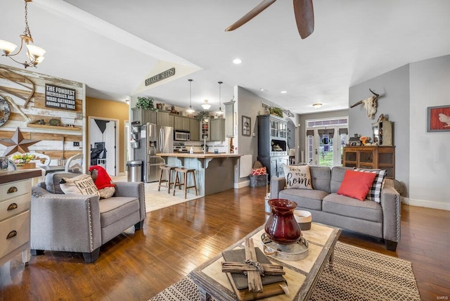 21933 Pike 215, Annada, MO 63330 - living area with a chandelier, wood finished floors, ceiling fan, baseboards, and recessed lighting