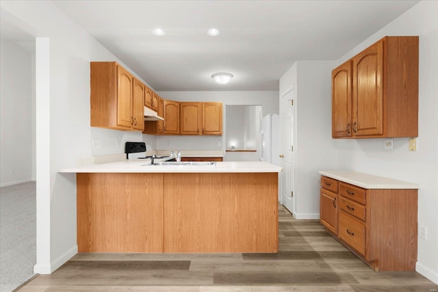 1719 Ambrose Terrace Dr, Swansea, IL 62226 - kitchen with under cabinet range hood, light countertops, a peninsula, baseboards, and recessed lighting