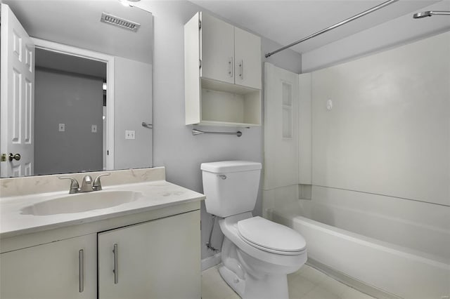 bathroom with toilet, vanity, baseboards, and shower / bath combination