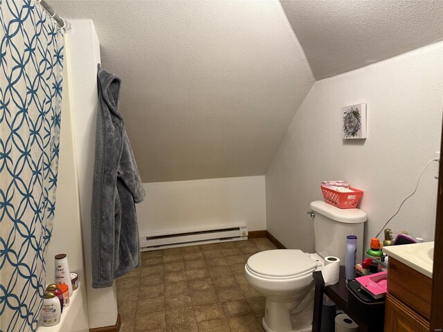 bathroom featuring a baseboard heating unit, lofted ceiling, toilet, vanity, and a shower with shower curtain