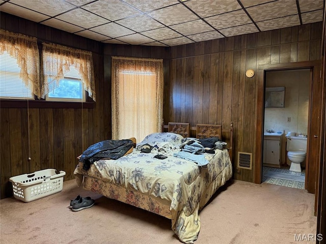 300 E 2nd St, Pana, IL 62557 - carpeted bedroom featuring wooden walls and ensuite bath