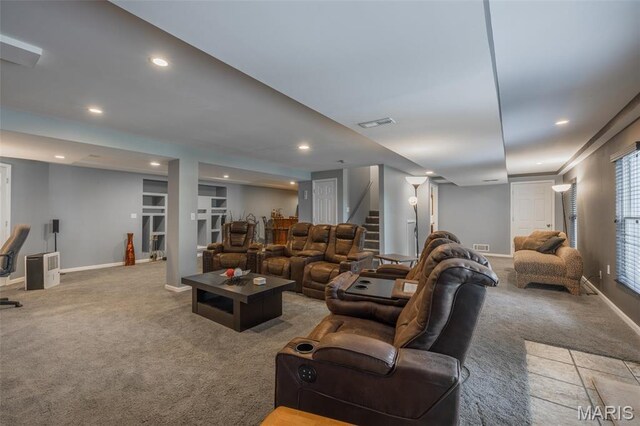 1005 Highland Estates Dr, Wentzville, MO 63385 - living room featuring carpet, stairs, recessed lighting, and baseboards