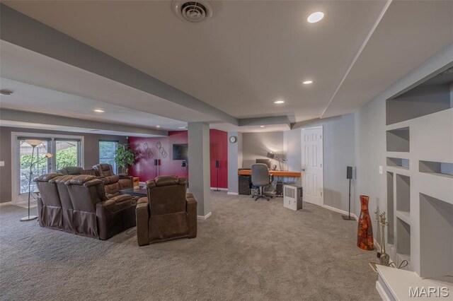 1005 Highland Estates Dr, Wentzville, MO 63385 - living area featuring carpet, a desk, baseboards, and recessed lighting