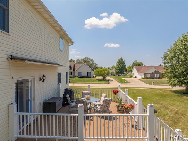 1005 Highland Estates Dr, Wentzville, MO 63385 - wooden terrace with a yard, outdoor dining area, and a residential view