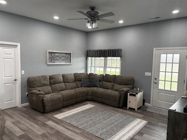 25371 Audrain Road 808, Mexico, MO 65265 - living area featuring a ceiling fan, baseboards, recessed lighting, wood finished floors, and healthy amount of natural light