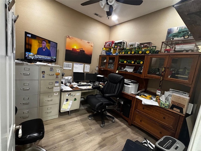 25371 Audrain Road 808, Mexico, MO 65265 - office featuring light wood finished floors, ceiling fan, and a textured wall